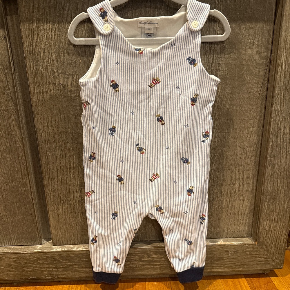 white and blue striped overalls